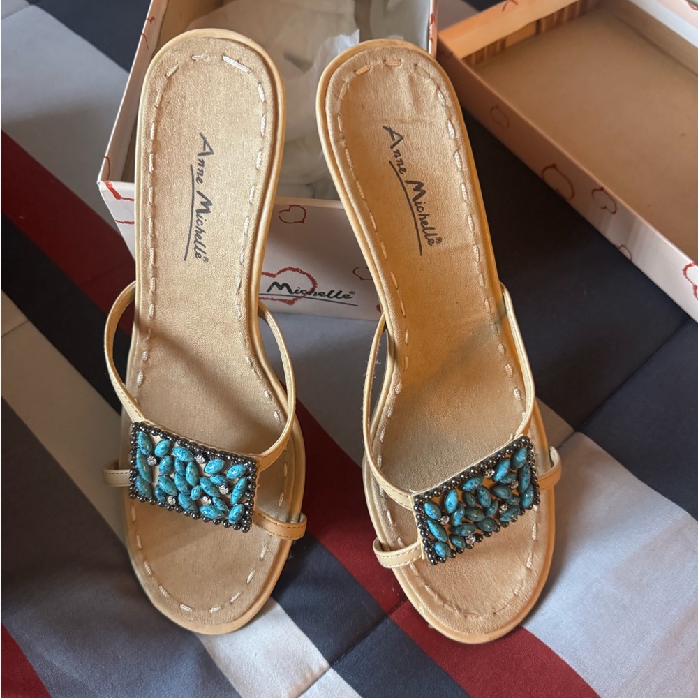 Anne Michelle Tan and Blue Sandals with Beaded Embellishments